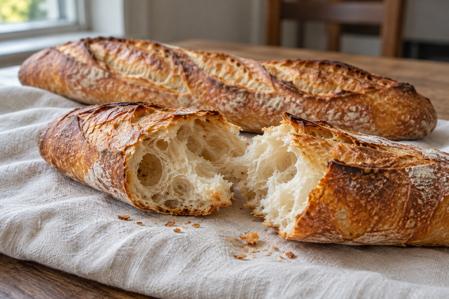 Sliced sourdough baguette with a golden crust